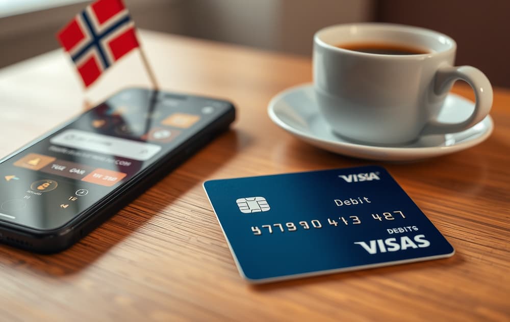 Norsk Visa-debetkort på et bord ved siden av en mobiltelefon som viser en casino-kasse med Visa-logo.