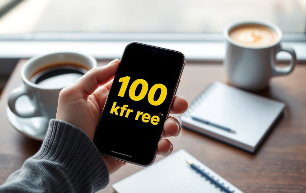 En person som holder en mobiltelefon med 100 kr gratis bonus på skjermen, ved siden av en kaffekopp og notatblokk
