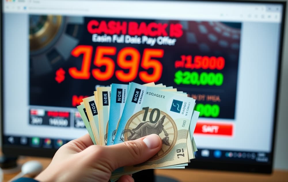 En hånd holder norske pengesedler foran en skjerm med cashback-tilbud fra et nettcasino.