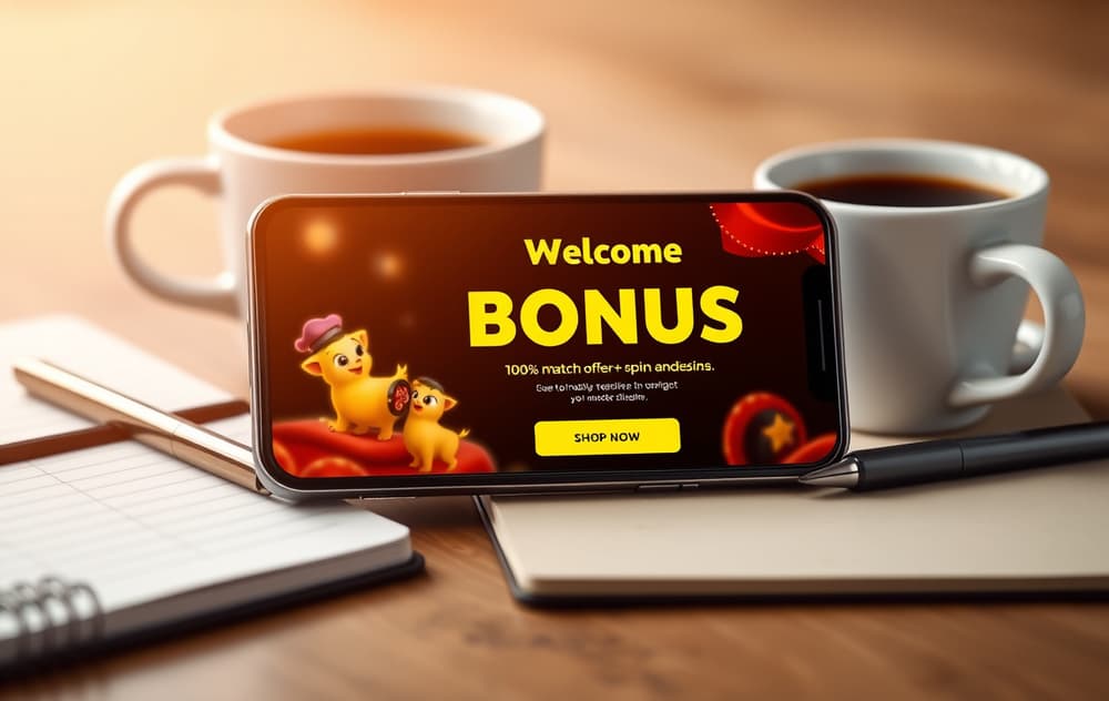 Smarttelefon med en casino bonus-skjerm, kaffekopp og notatbok på et skrivebord