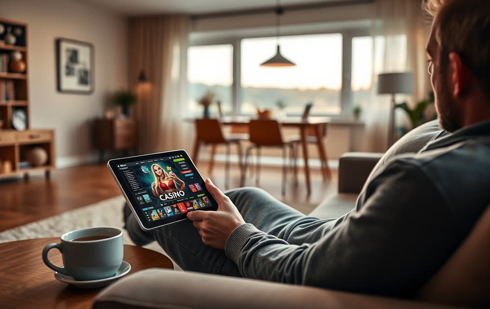Person som spiller på nettcasino på et nettbrett i en moderne stue