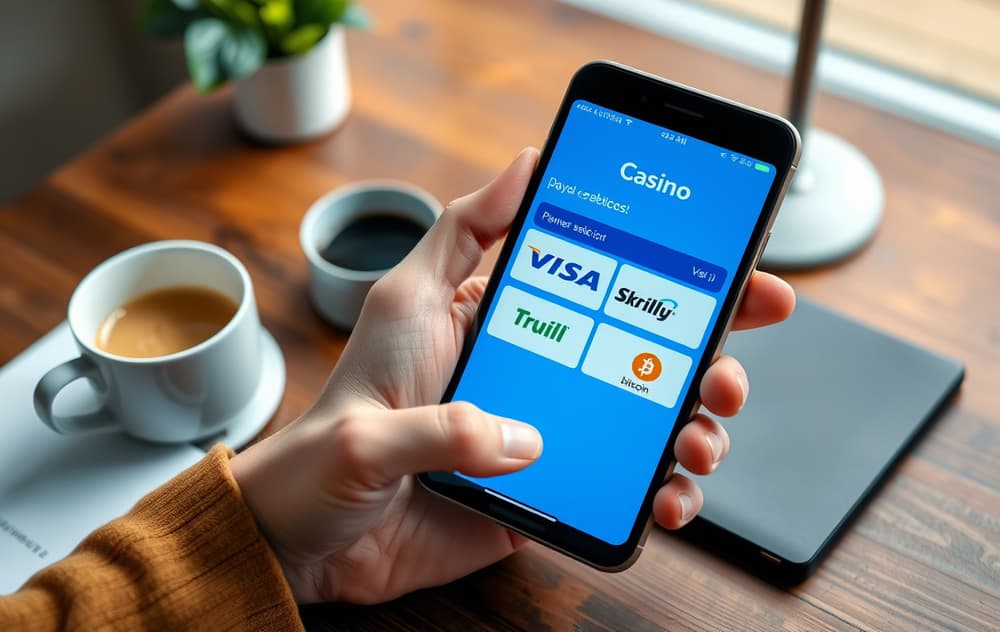 Mobiltelefon med skjerm som viser betalingsmetoder på nettcasino