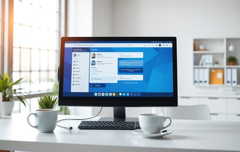 Kundeservice skrivebord med live chat på skjermen og telefonhodesett
