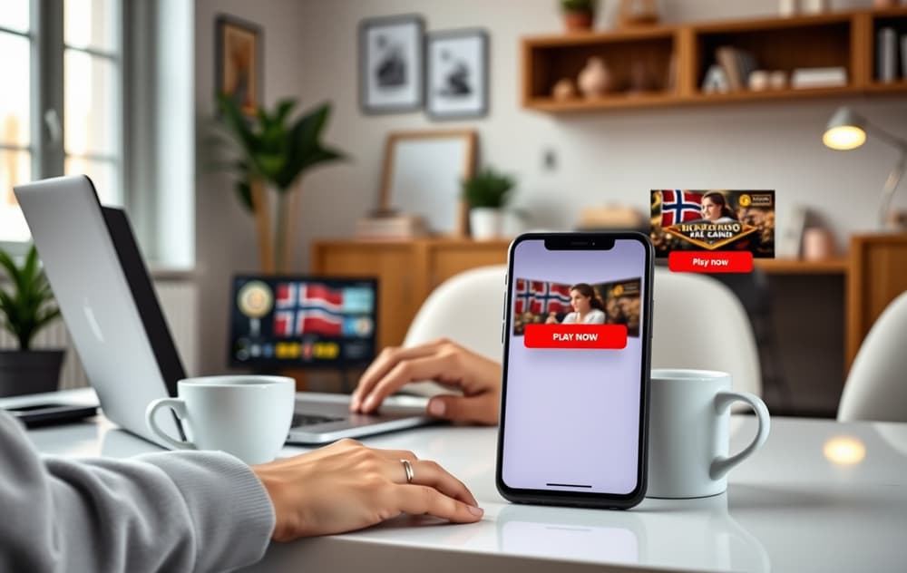 Person som spiller på nettcasino på laptop og mobil i hjemmekontor