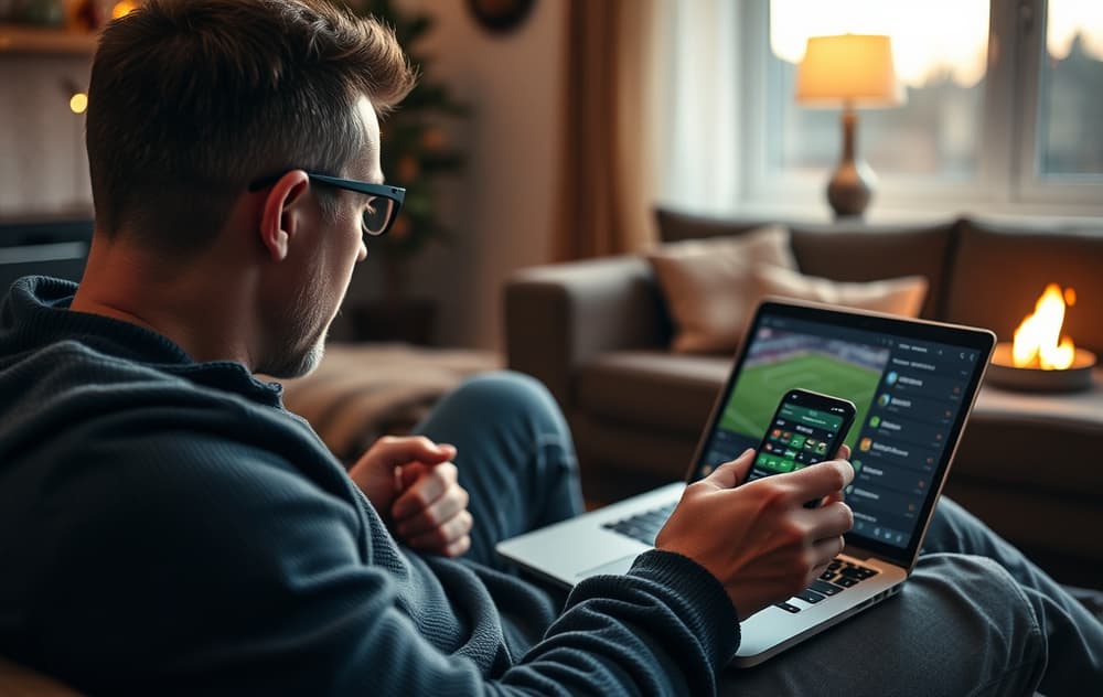 Norsk fotballfan som sammenligner odds på laptop og mobil