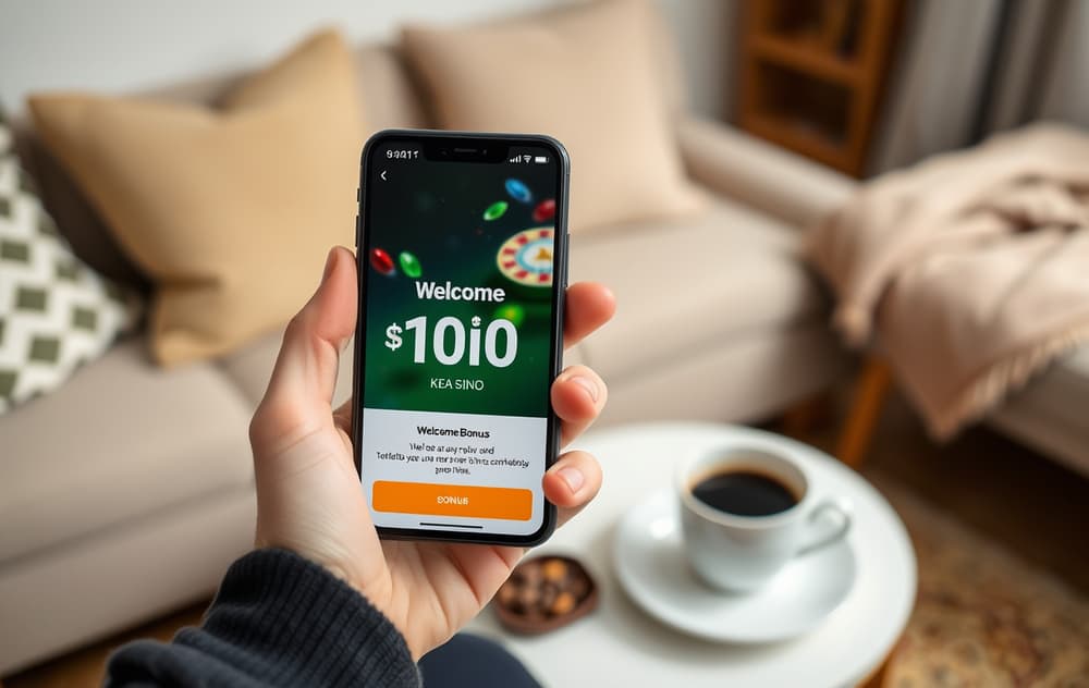 Person med smarttelefon som viser en gratis casino-bonus på 100 kr i en norsk stue.