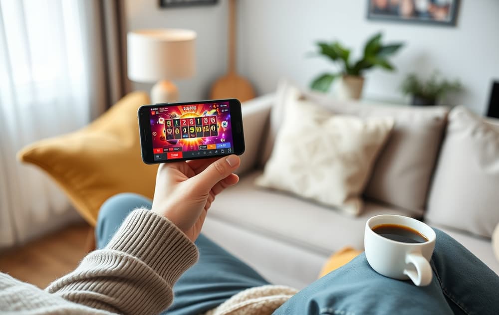 Person med mobilspill på sofaen – mobilcasino i hverdagsmiljø