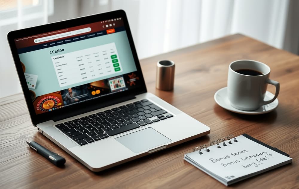 Sammenligning av nettcasino på laptop med notater