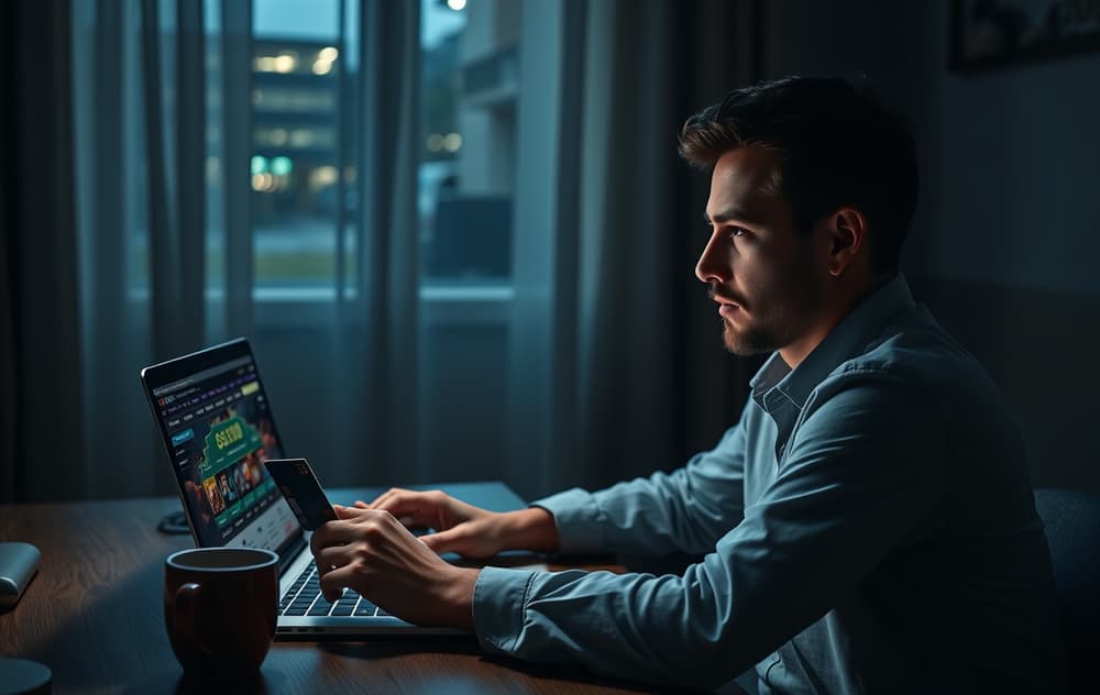 En person som sitter ved et skrivebord og studerer et casino på dataskjermen, med kredittkort i hånden.