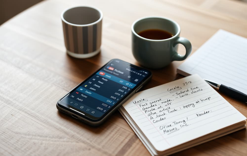 Smarttelefon med betting-app på trebord, kaffekopp og notatbok