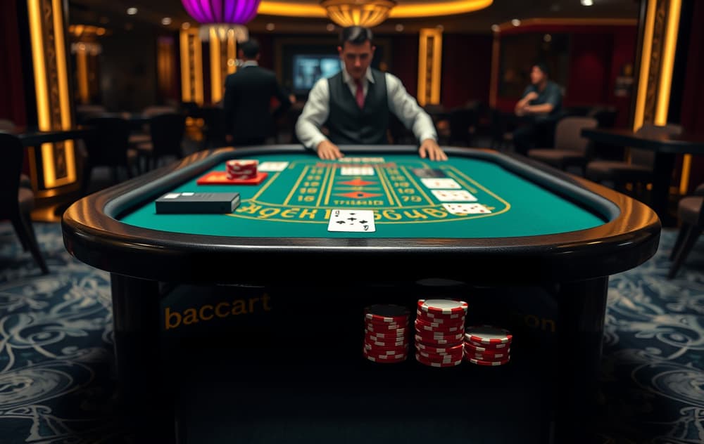 Bord med baccarat-kort og sjetonger, dealer i bakgrunnen