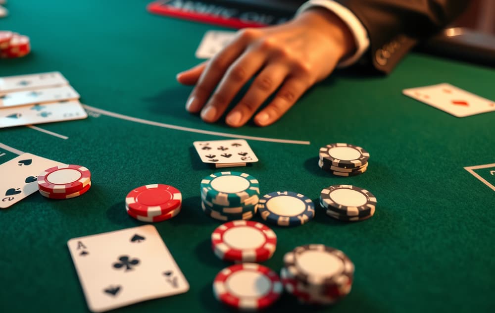 Blackjack-bord med kort og jetoner i et casinolignende miljø