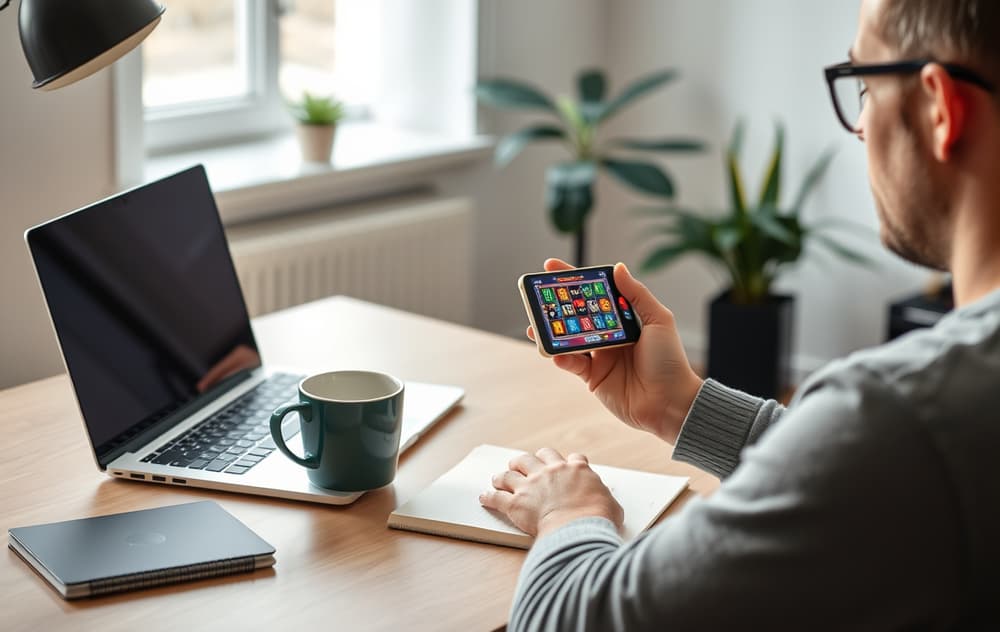 Norsk spiller ved skrivebord med laptop og smartphone, casinospill på skjermen