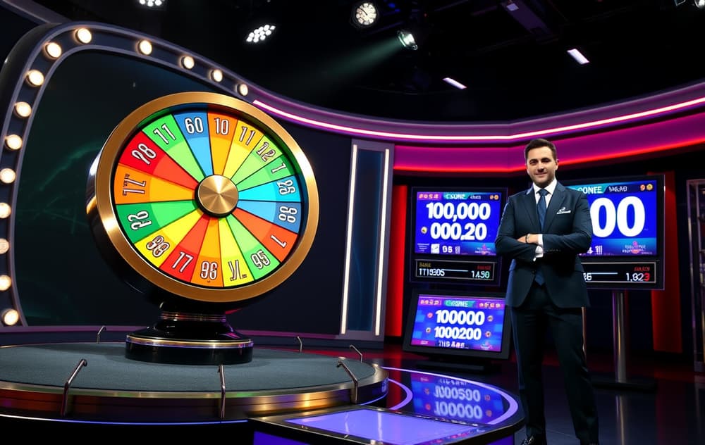 Live casino-vert ved siden av et stort fargerikt hjul med segmenter og multiplikatorer på skjermen.