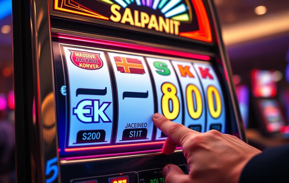En jackpot-spilleautomat med progressiv premie i norske kroner, en hånd trykker på spillknappen, casino-bakgrunn