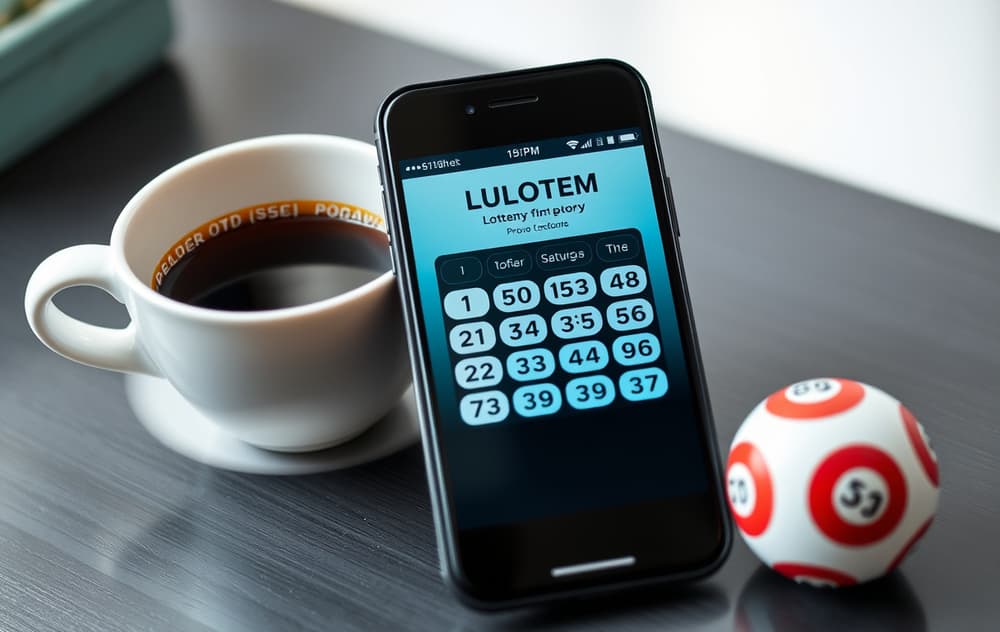 Mobilskjerm med digital lotto-kupong, kaffekopp og lottokule.
