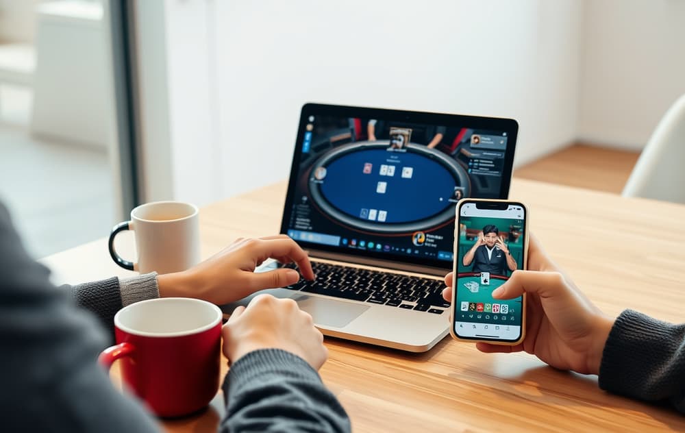 En person spiller poker på nett via laptop, med kaffekopp og mobiltelefon ved siden av. Rolig og ansvarlig spilling.