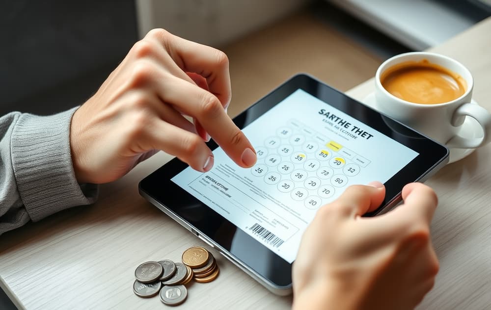 Person som skraper et digitalt skrapelodd på nettbrett med mynter og kaffekopp